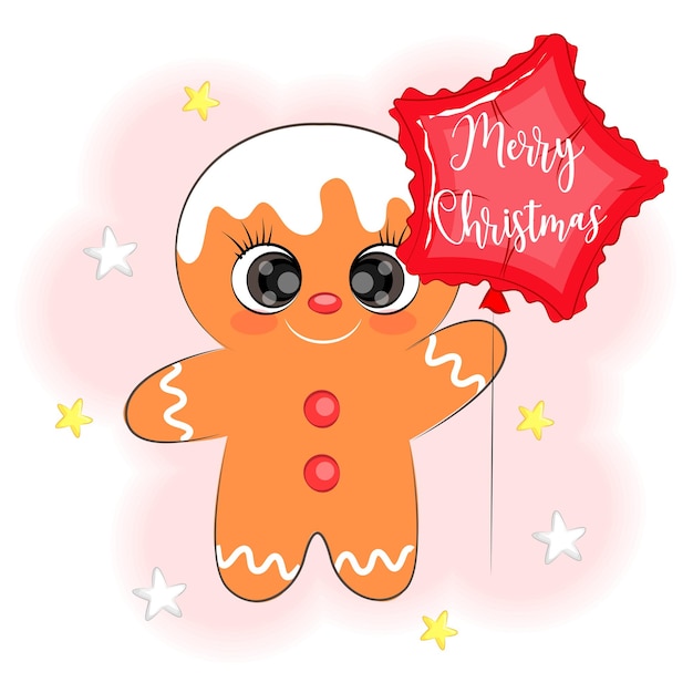Cute Christmas cookie man with a balloon vector illustration