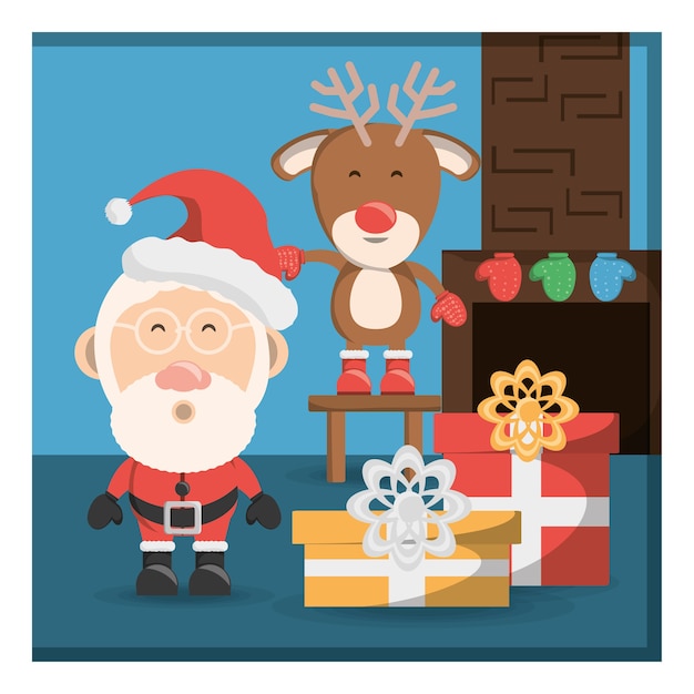 cute christmas deer and santa claus with gift boxes