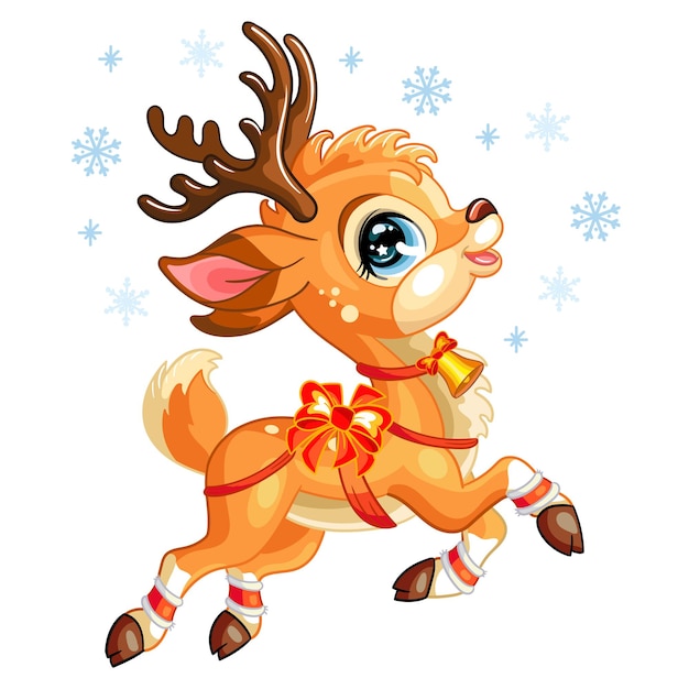 Cute christmas deer with snowflakes. cartoon unicorn character. vector isolated illustration.