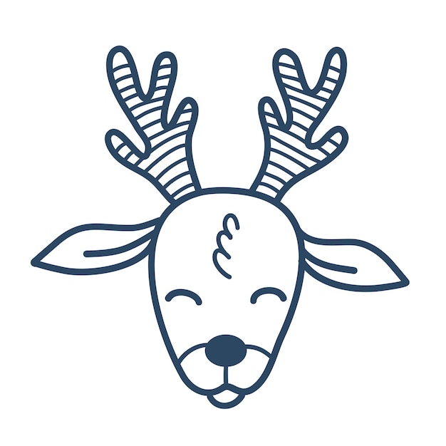 Cute christmas deer with striped antlers hand doodle illustration isolated on a white background