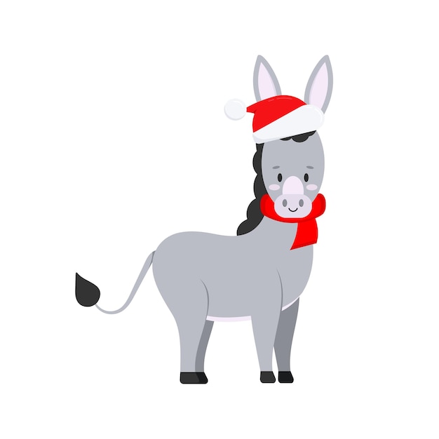 ベクトル 白い背景に分離されたかわいいクリスマス ロバ ベクトルのアイコン サンタ クロースの赤い帽子とスカーフの漫画のキャラクターの農場の動物幸せなロバ フラット スタイル クリスマス グラフィック デザイン要素イラスト