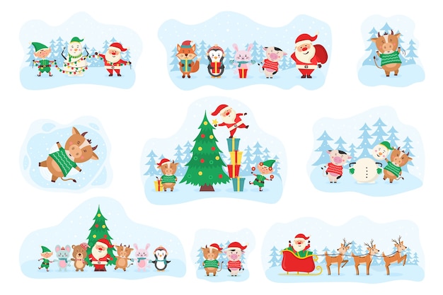 Симпатичные рождественские элементы, Санта, снеговик, подарки, снежинки, медведи, пингвины, елка, животные и корова. Симпатичные лесные животные и Дед Мороз на рождественские праздники. Набор персонажей мультфильма дикой природы. .