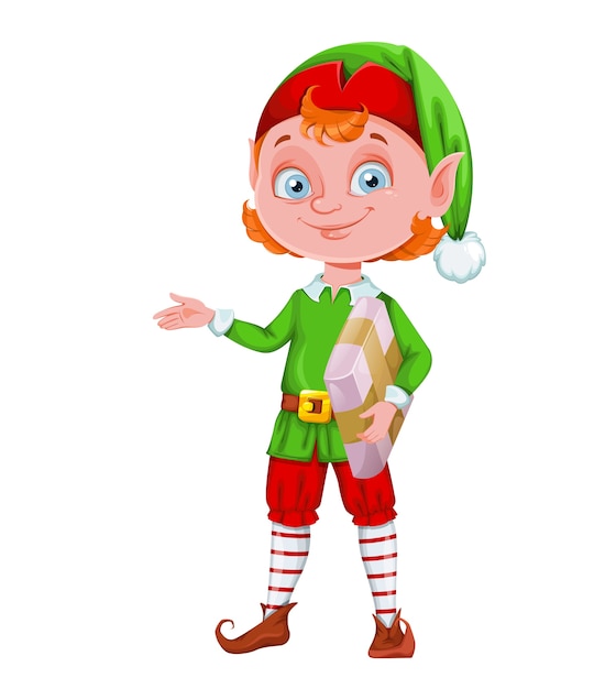 Cute Christmas elf cartoon character holding package