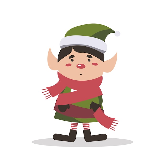 Cute christmas elf Happy childish xmas dwarf demonstrate holiday poster Flat vector cartoon illustration of joyous santa helper isolated on white EPS