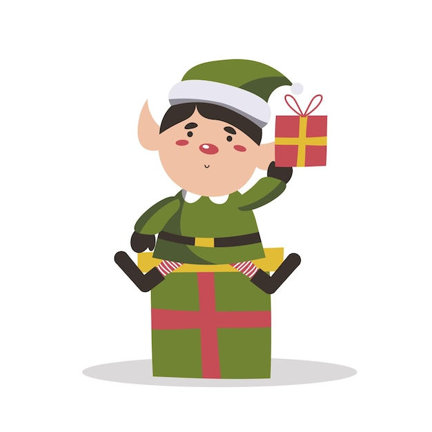 Cute christmas elf holding gifts happy childish xmas dwarf demonstrate holiday poster flat vector cartoon illustration of joyous santa helper isolated on white eps