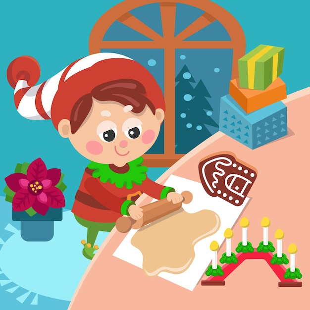 Cute Christmas elf making gingerbread cookies Vector flat cartoon illustration