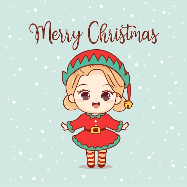 Cute christmas elves kid girl kawaii character merry christmas greeting card