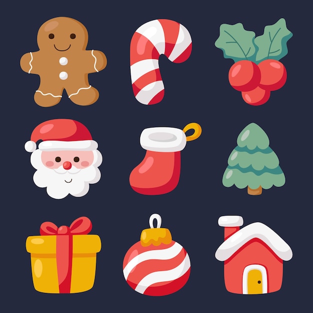 cute christmas flat icon set isolated on blue background