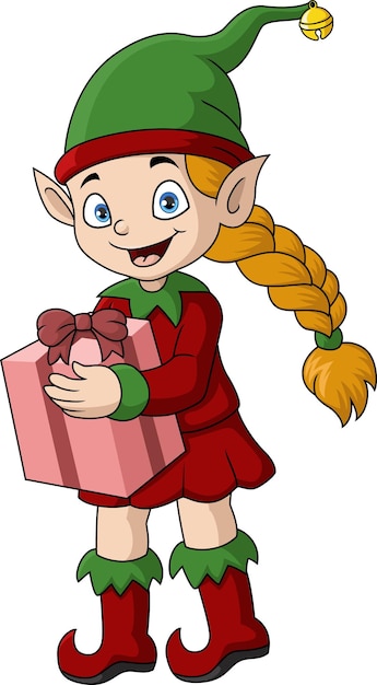 Vector cute christmas girl elf cartoon holding gift