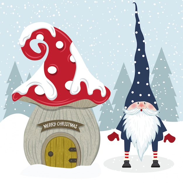 Vector cute christmas gnome and her mushroom house. flat design.