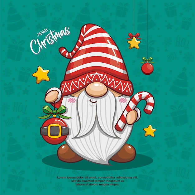 Cute Christmas Gnome With Christmas Ball And Candy Cane On Seamless Background