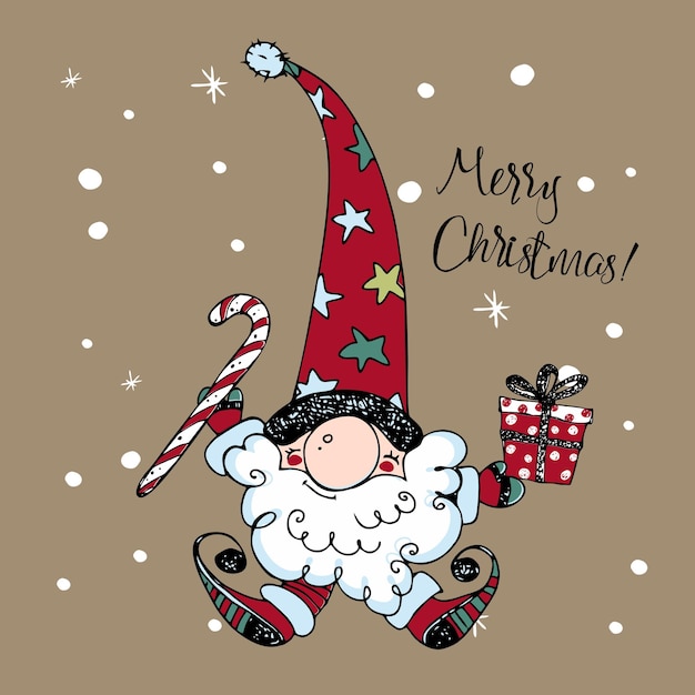 Cute Christmas gnome with gifts in Doodle style Greeting card Vector