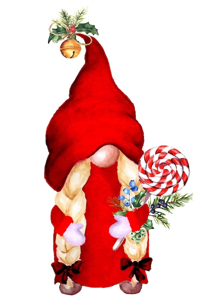 Vector cute christmas gnome with lollipop