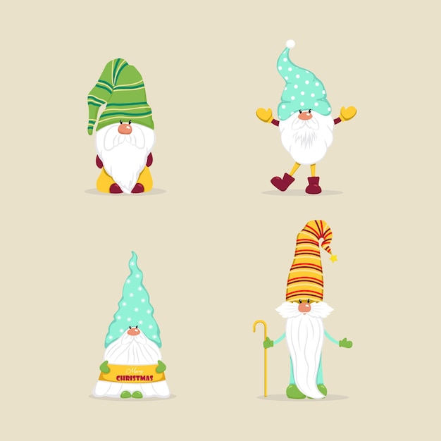 Vector cute christmas gnomes vector characters in flat style set of christmas gnomes with gifts candies