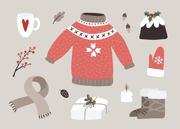 Carino biglietto di auguri di natale invito con inverno cibo essenziale moda e stile di vita icone maglione lavorato a maglia guanti stivali scatola regalo caffè e bacche design piatto vintage vettori isolati