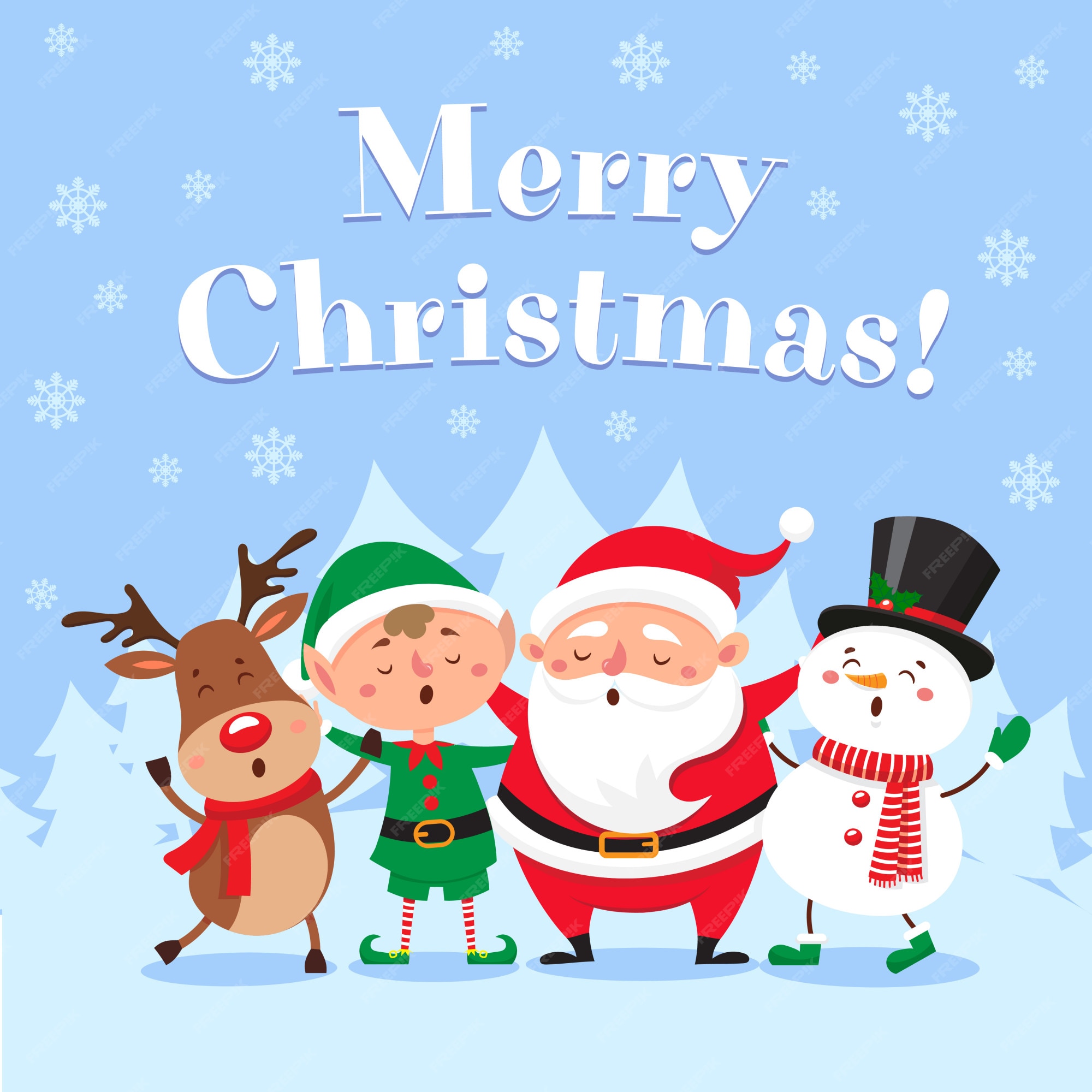 Premium Vector | Cute christmas greeting card. singing santa claus, funny snowman and elf on winter snow party illustration Premium Vector | Cute christmas greeting card. singing santa claus, funny snowman and elf on winter snow party illustration