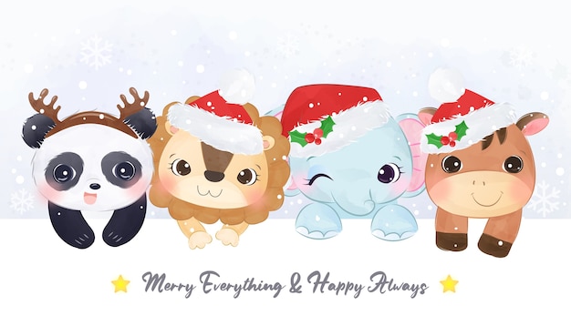 Cute christmas greeting card with animals