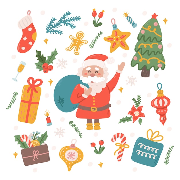 산타 선물과 크리스마스 트리 장식이 있는 귀여운 크리스마스 휴가 세트