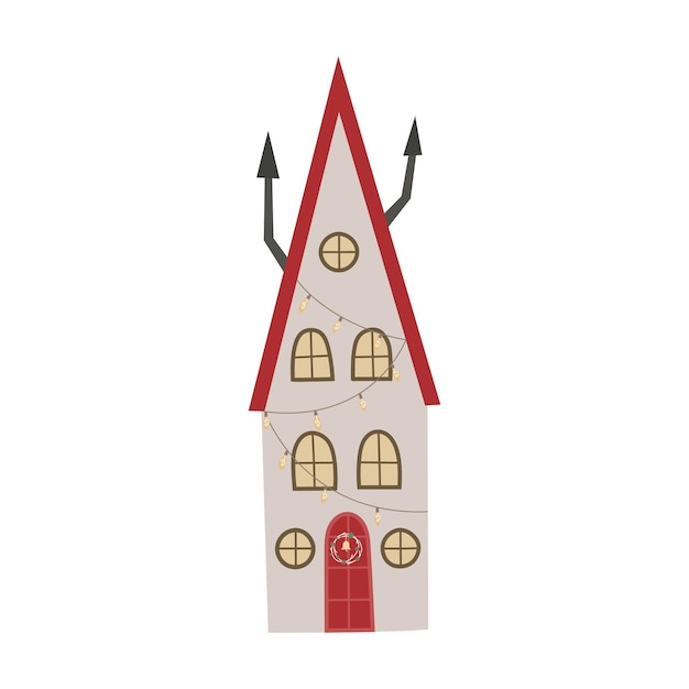 Cute Christmas house with red door with chimney Vector illustration for banner card