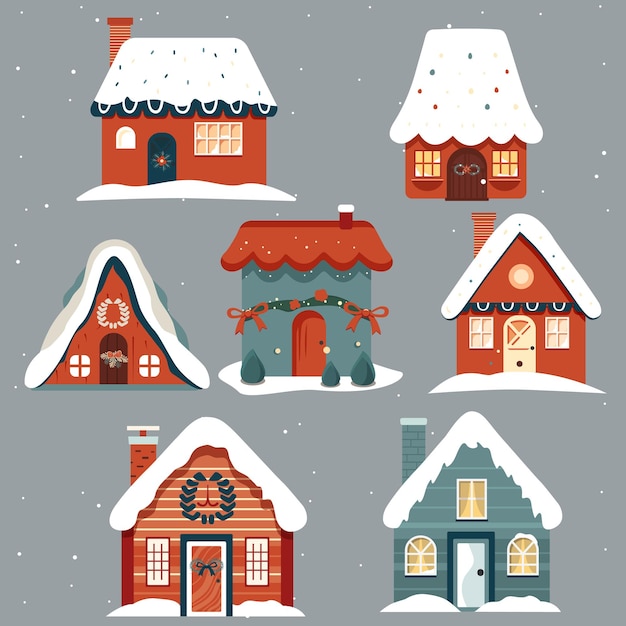 Cute christmas houses in cartoon style Set of hand drawn houses Scandi christmas illustration