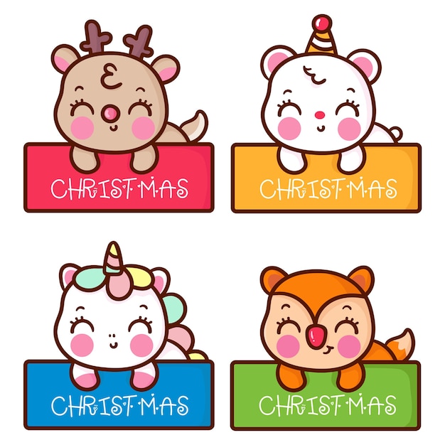 Cute christmas label cartoon set of kawaii animals hand drawn