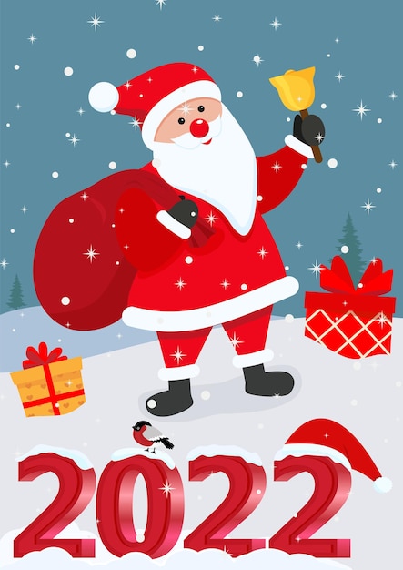 Vector cute christmas and new year card with santa claus and lettering 2022 eps 10