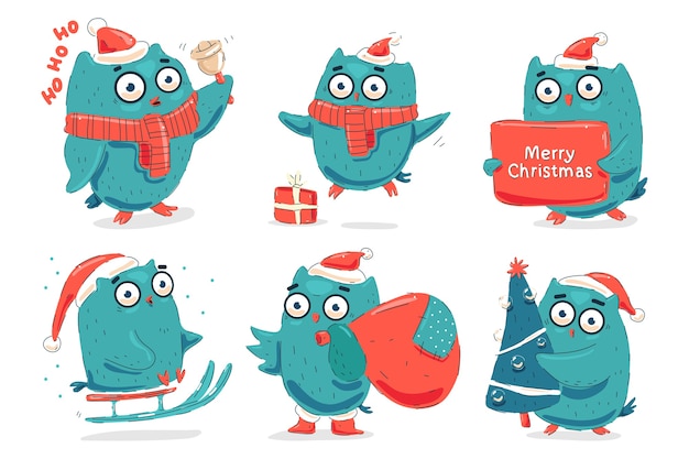 Cute christmas owls cartoon characters set