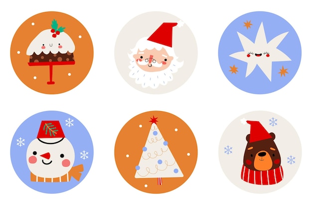 Симпатичные векторные наклейки для рождественской вечеринки в форме вечеринок с Санта-Клаусом, снеговиком, медведем, елкой и звездой