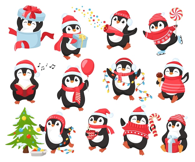 かわいいクリスマスペンギンのマスコット幸せなペンギンのキャラクターは、新年を祝うクリスマスツリーを飾り、贈り物を与える冬の休日ベクトルイラストセット