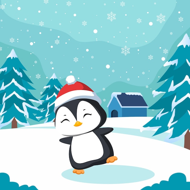 Cute christmas penguin in winter illustration