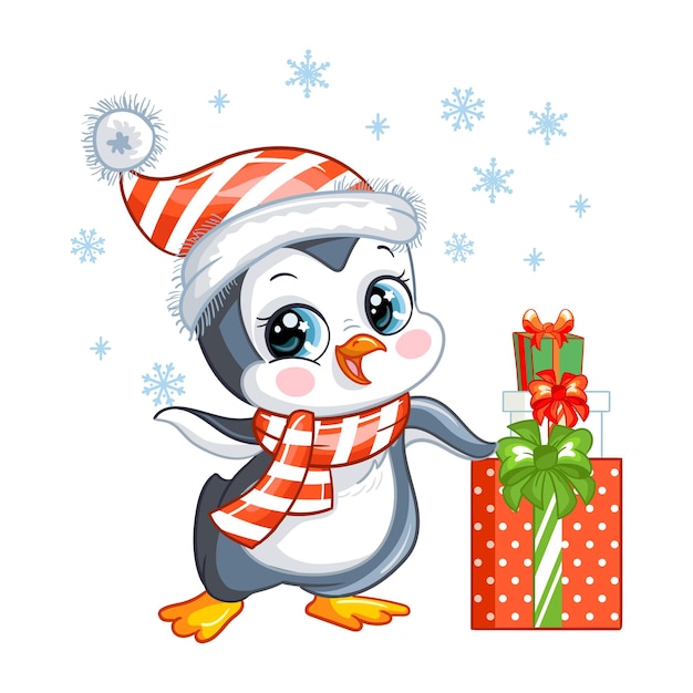 Cute Christmas penguin with gifts