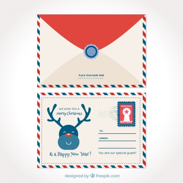 Vector cute christmas postcard with nice reindeer and envelope