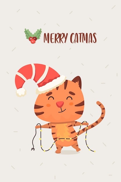 虎の子とフレーズの陽気なcatmasとかわいいクリスマスのポスター