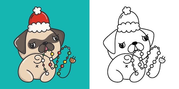 Cute christmas pug dog clipart illustration and black and white funny clip art christmas doggy