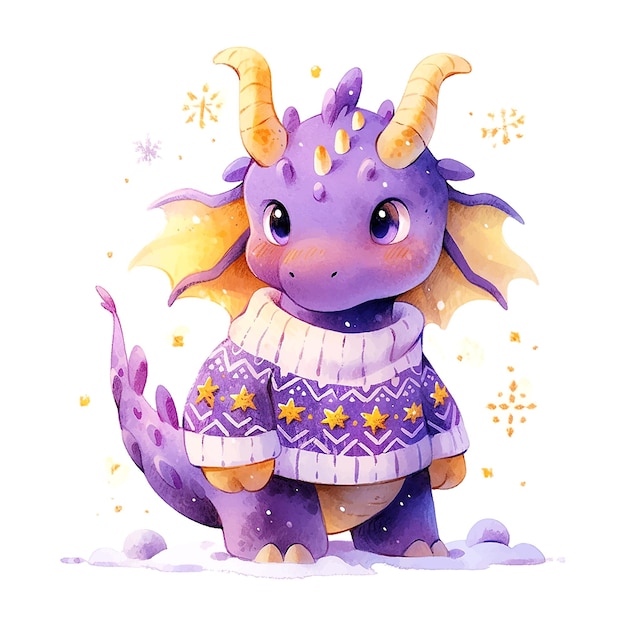 Cute christmas purple dragon in watercolor style on red background