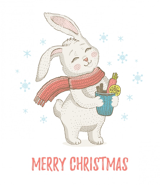 スカーフでかわいいクリスマスウサギ。メリークリスマスと新年漫画水彩ベクトルイラスト。