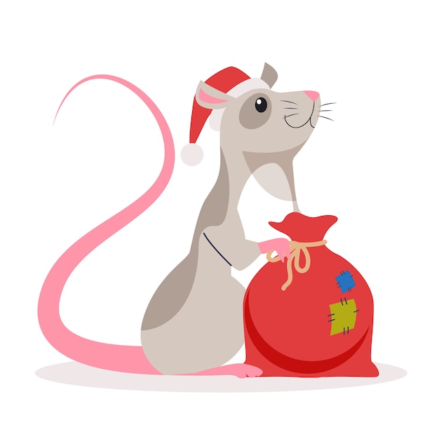 Cute christmas rat. Animal character in Santa Claus hat. 2020 year of the rat.   illustration in  style