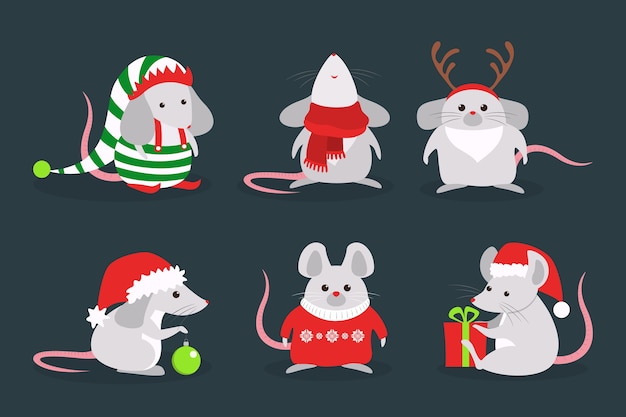 Cute christmas rat set. Animal character in Santa Claus hat. 2020 year of the rat.   illustration in  style