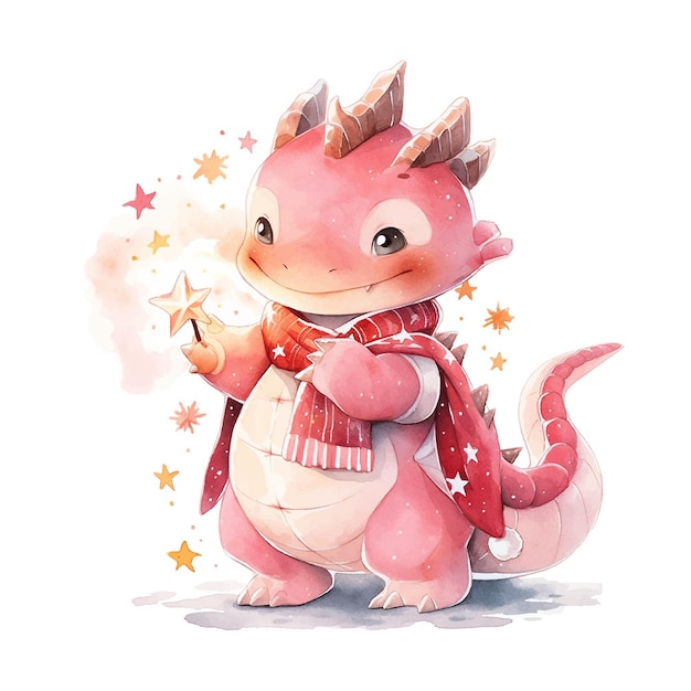 Cute Christmas red dragon with star in watercolor style on white background
