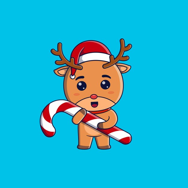 Cute christmas reindeer wearing christmas hat and scarf hugging candy