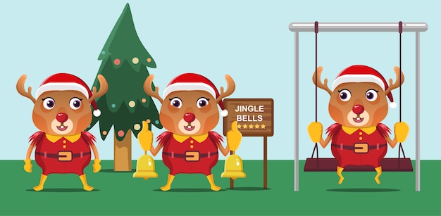 Cute christmas reindeer wearing santa costume holding the bell