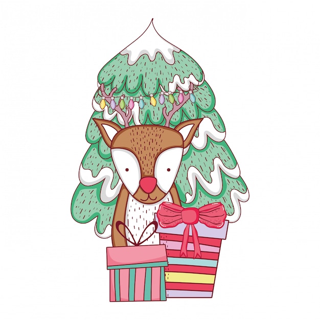 Cute christmas reindeer with pine tree