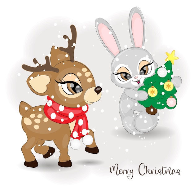 Cute Christmas reindeer with a rabbit vector illustration