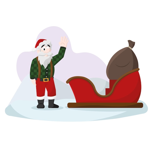 雪橇の隣の可愛いクリスマスサンタクロースキャラクター ベクトルイラスト