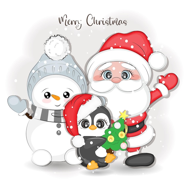 かわいいクリスマス サンタ クロース雪だるまとペンギン ベクトル イラスト