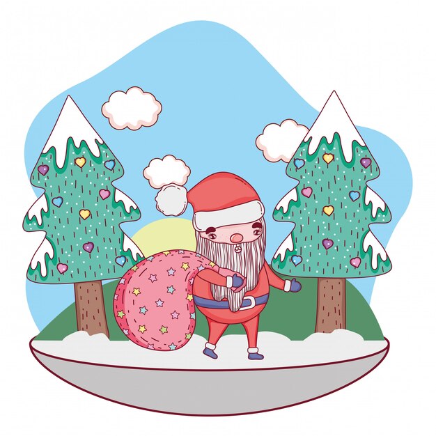 cute christmas santa claus with bag in the landscape