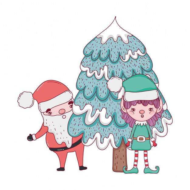 Cute christmas santa claus with pine tree