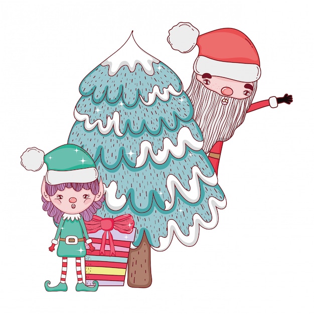 Cute christmas santa claus with pine tree