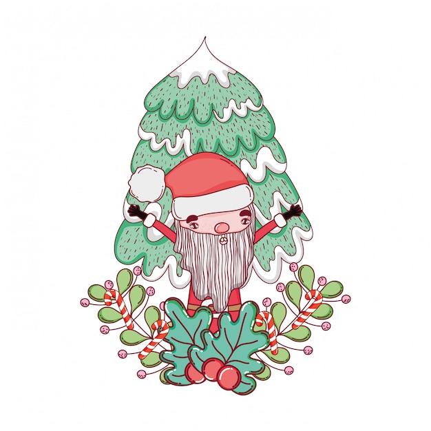 Cute christmas santa claus with pine tree