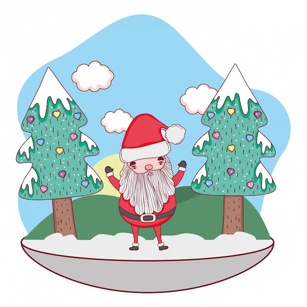 cute christmas santa claus with tree in the snowscape